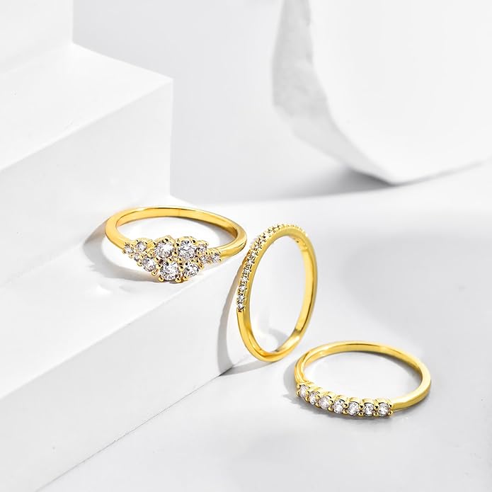 Stackable Gold Rings for Women Non Tarnish Dainty 14K Gold Plated 3PCS Cubic Zirconia Thumb Ring Set Trendy Statement Promise Wedding Bands Engagement Rings Size 6 7 8 9 10