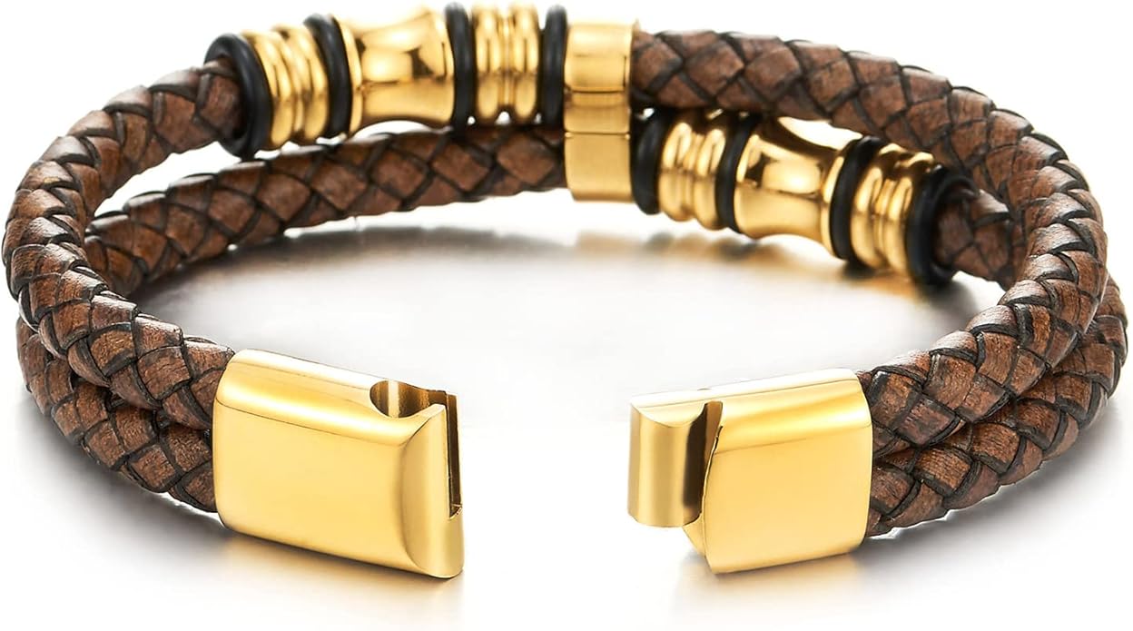 COOLSTEELANDBEYOND Mens Double-Row Braided Leather Bracelet Bangle Wristband with Stainless Steel Ornaments