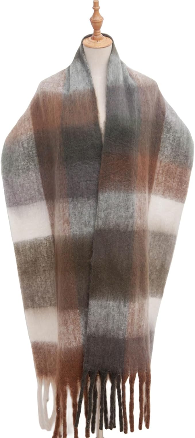 SHOHOKU Large Chunky Plaid Scarf Coloured Checked Oversized Scarf Tassel Soft Fall Winter Thick Warm Shawl Women