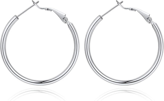Jewlpire 14K Gold Plated 925 Sterling Sliver Post Hoop Earrings, 2MM Thick Hoop earrings Lightweight Large Hoop Earrings for Women Trendy 20/30/40/50/60/70mm