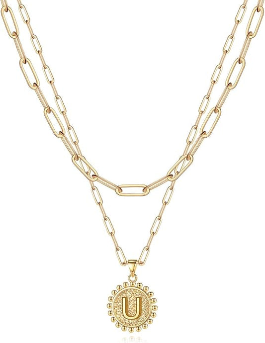 Yoosteel Gold Initial Necklaces for Women, 14K Gold Plated Dainty Layering Paperclip Link Chain Necklace Coin Initial Layered Necklaces for Women Personalized Birthday Gifts