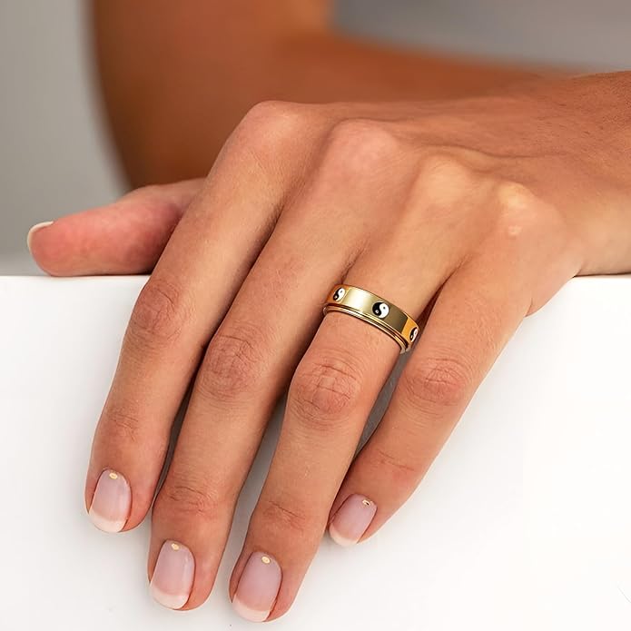 Evil Eye Fidget Ring for Women - 18K Gold Plated Stainless Steel Spinner Rings for Anxiety Relief, Ojo Turco Ring Luck Amulet, Turkish Faith Protection Stackable Jewelry Gift for Women Men