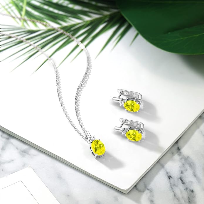 Gemstone Birthstone and White Created Sapphire Pendant and Earrings Jewelry Set for Women in 925 Sterling Silver | Oval 8X6MM and Round 2.5MM | With 18 Inch Chain | Fine Jewelry for Her Mom Women Wife