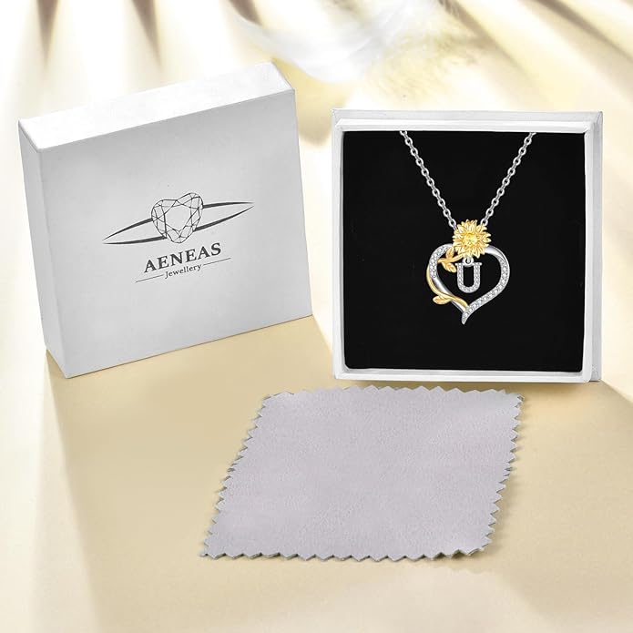AENEAS Sunflower Initial Necklace for Women Gold Plated Sterling Silver Letter Heart Pendant Jewelry Gift for Mom Wife Birthday Anniversary Christmas