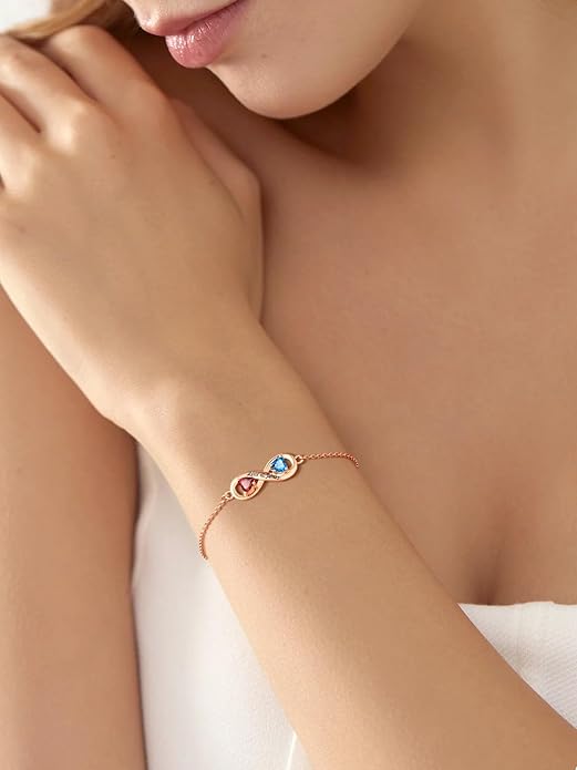 Custom4U Personalized Infinity Love Symbol Link Bracelets for Women 925 Sterling Silver Birthstone Bracelet Adjustable Engraved Chain Christmas Mother's Day Birthday Jewelry Gifts for Mom Her