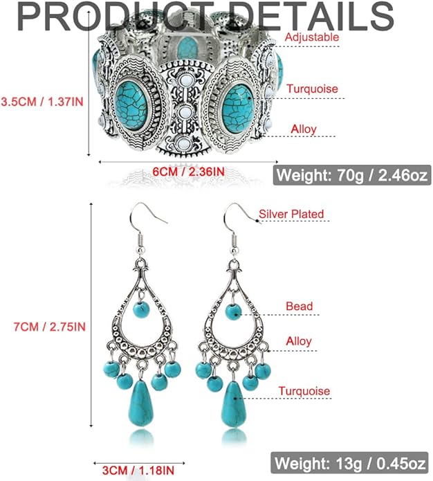 Bohemian Turquoise Necklace Set - Women's Western Jewelry with Long Choker, Pendant, Dangle Earrings, Layered Bracelets