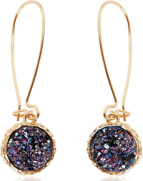 Simulated Druzy Threader Drop Earrings for Women - Gold, Silver, or Rose Gold Tone Trendy Boho Dangles with Sparkly Round Stone