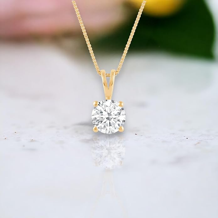 Everyday Elegance Solid 14K Gold Cubic Zirconia Solitaire Pendant Necklace for Women Heart, Princess, Round, Oval, Emerald, Pear & Cushion Cut 1 or 2 CTW | .60mm Thick 16" 18" Length Box Link Chain