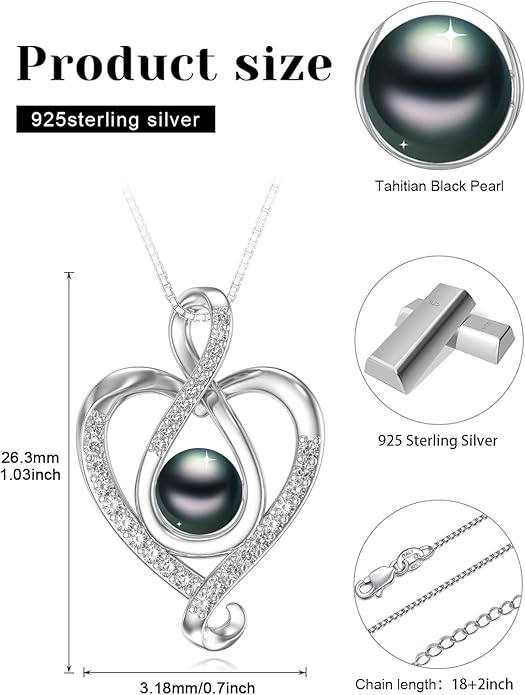 Tahitian Black Pearl Necklace Infinity Gifts for Women Wife Wedding Birthday Anniversary Jewelry Valentines Christmas Day Gifts 925 Sterling Silver