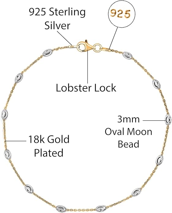 Savlano 18K Gold Plated Over 925 Sterling Silver Station Oval Moon Bead Anklet Chain For Women. Silver, Gold, Rose Gold - Made in Italy Comes With a Gift Box