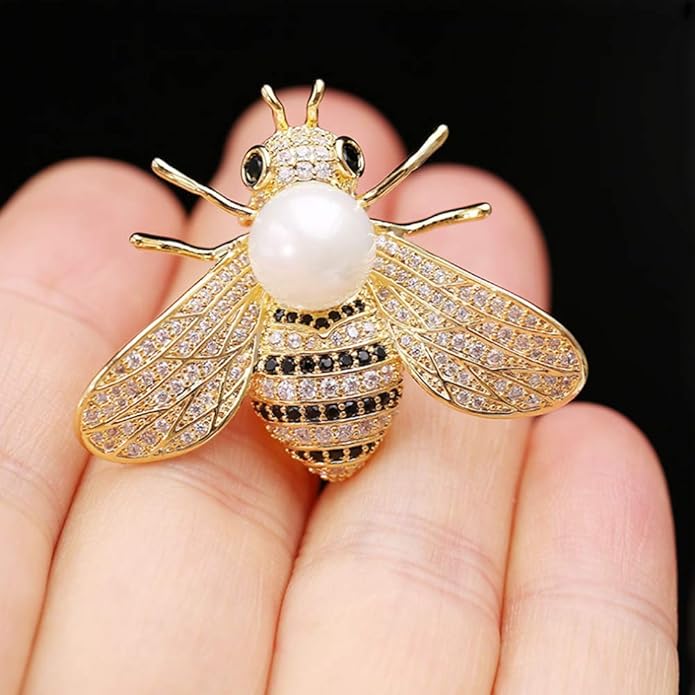 Honey Bee Brooches Crystal Insect Themed Bee Brooch Animal Fashion Shell Pearl Brooch Pin Gold Tone