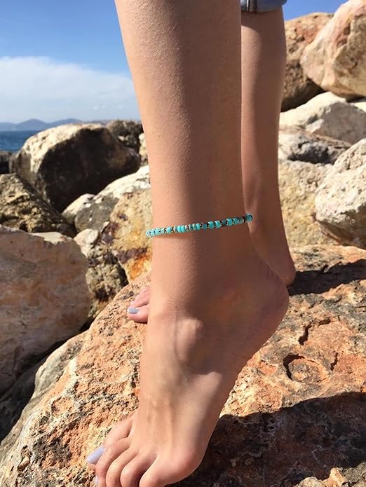XIJIN Natural Stone Beaded Anklets for Women Handmade Beach Boho Turquoise Beads Ankle Bracelet Jewelry Gift for Her