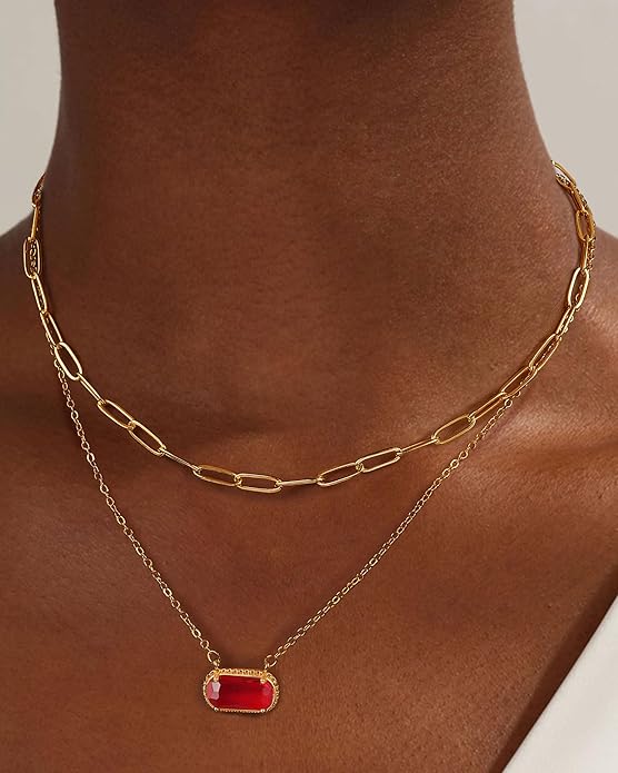 Lourny Gemstone Birthstone Pendant Layered Necklace for Women Trendy, 18K Gold Plated Paperclip Chain Preppy Choker Charm Necklace for Women Wife Jewelry