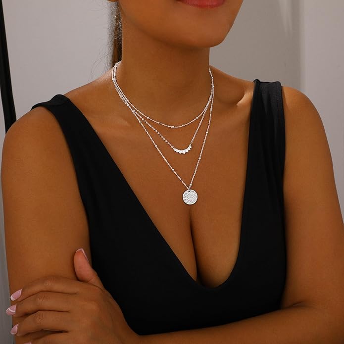 BBV Layered Gold Necklaces for Women Stackable Dainty 14K Gold Plated Silver Chain Necklace Layering Cute Fashion Pendant Choker Necklaces Trendy Jewelry Set Gifts for Women