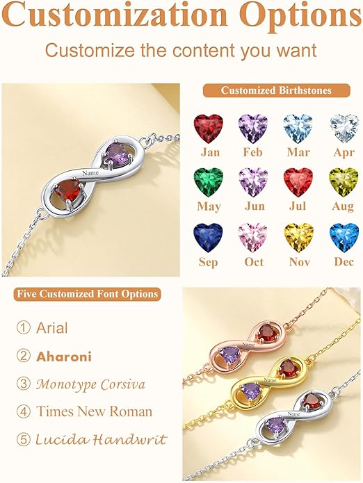 Custom4U Personalized Infinity Love Symbol Link Bracelets for Women 925 Sterling Silver Birthstone Bracelet Adjustable Engraved Chain Christmas Mother's Day Birthday Jewelry Gifts for Mom Her