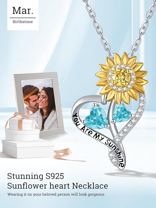 Zeuslia Double Birthstone Necklace Gifts for Wife - 925 Sterling Silver Sunflower/Rose/Crown Cross/Compass/Heart Pendant I Love You Necklace, Anniversary Birthday Gifts for Wife Girlfriend Mom Her
