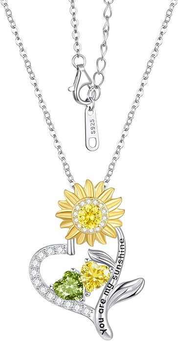 PERJI Valentine's Day Gifts for Women - 925 Sterling Silver Double Birthstone Sunflower Necklace, Anniversary Birthday Jewelry You are My Sunshine Gifts for Wife Couple Girlfriend 18"+2" Non Tarnish