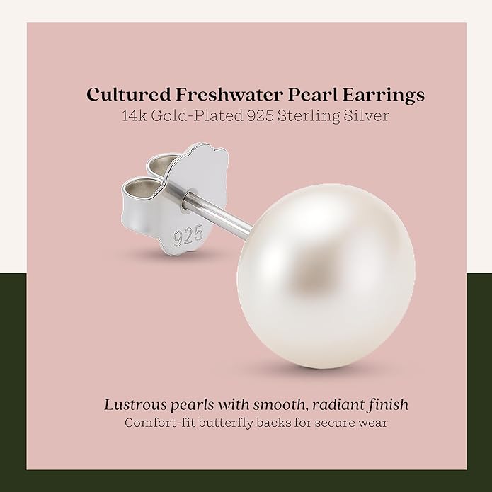 KEZEF Freshwater Pearl Stud Earrings for Women – AAA Quality Cultured Pearls on 925 Sterling Silver Post Rhodium or 14K Gold Plated, Sizes 6‑11 mm