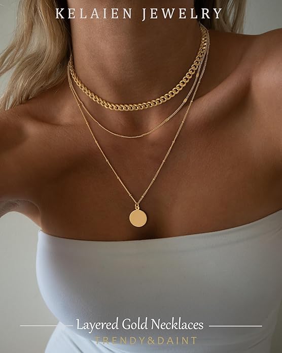 Layered Gold Silver Necklace for Women Non Tarnish,Dainty Choker Statement Chunky Necklace Stack Charm Pendant Chain Necklace Set 14K Gold Plated Long Stacked Womens Necklaces Trendy Jewelry Gift