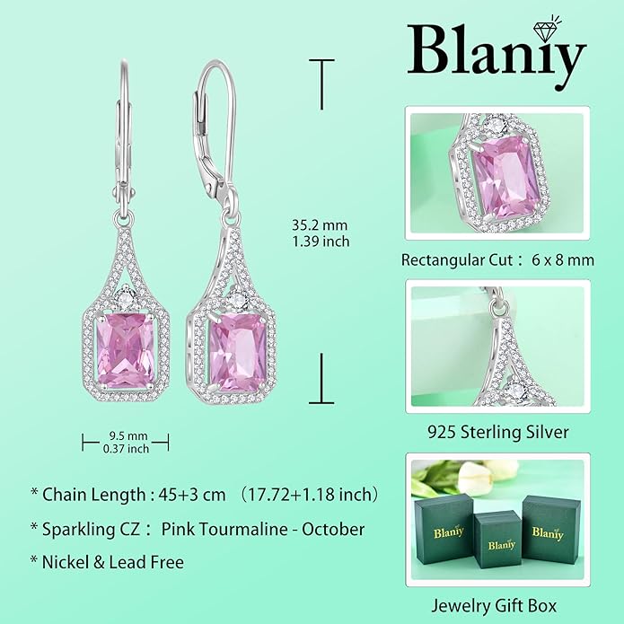 Emerald Cut Dangle Drop Earrings 925 Sterling Silver Halo Rectangular Leverback Earrings Birthstone Jewelry for Women
