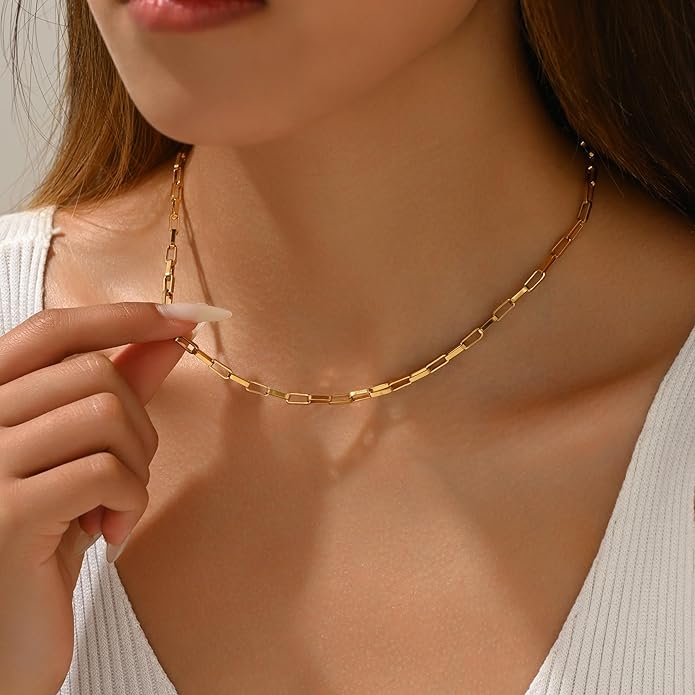 Dainty Chain Necklace for Women, 18K Gold Plated Coin Disc Choker Necklaces Simple Satellite Beaded Twisted Thin Paper Clip Chain Everyday Jewelry Gifts