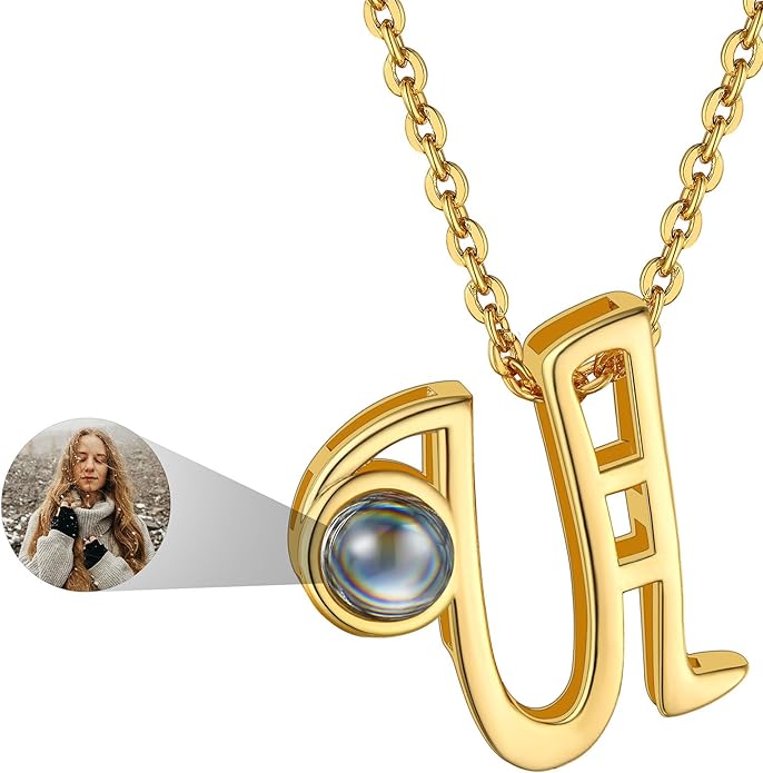 Custom4U Personalized Initial Picture Necklace for Women, Projection Necklace with Picture Inside, Gold/Silver Letter Pendant Necklace, Custom Photo Gifts for Mom Wife Birthday Valentines