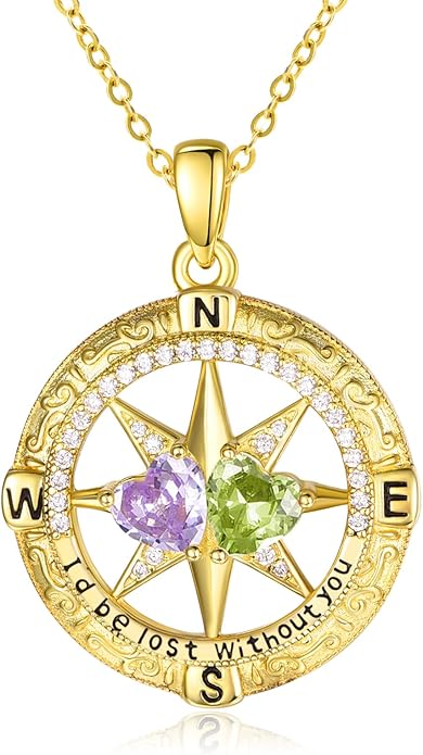 Zeuslia Double Birthstone Necklace Gifts for Wife - 925 Sterling Silver Sunflower/Rose/Crown Cross/Compass/Heart Pendant I Love You Necklace, Anniversary Birthday Gifts for Wife Girlfriend Mom Her