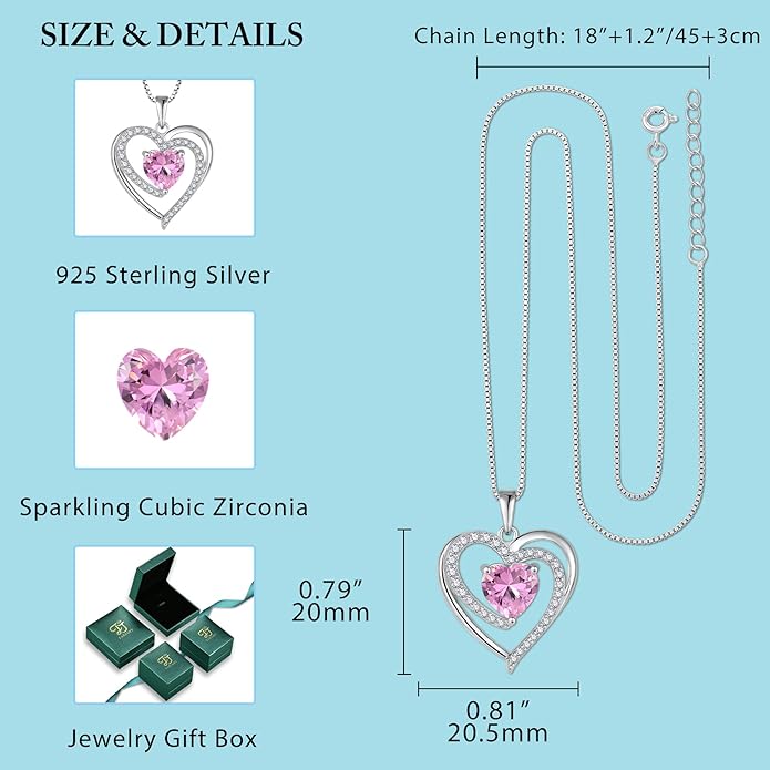 FJ Love Heart Necklace for Women 925 Sterling Silver Birthstone Pendant Anniversary Birthday Jewelry