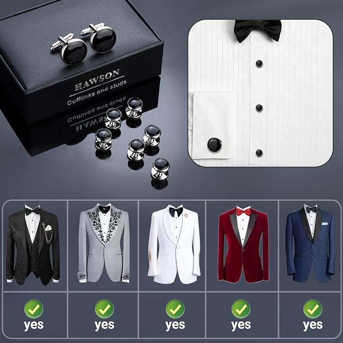 HAWSON Men’s Cufflinks and Tuxedo Studs Set with Gift Box; Men’s Jewelry or Accessories Suitable for Black Suit White Shirts Vest and Red Bow tie on Wedding or Anniversary and Birthday