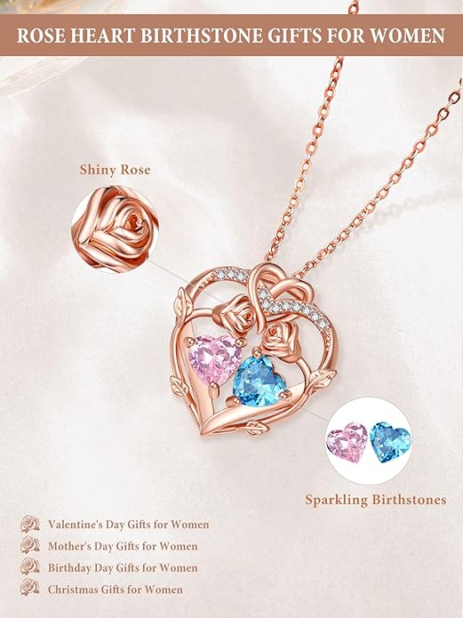 Rose Gold Necklaces for Women Double Birthstone Rose Flower Heart Pendant Necklace Jewelry Anniversary Christmas Valentine's Mother's Day Birthday Gift for Wife Mom Her Girlfriend Sister