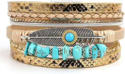 Fesciory Leopard Bracelet for Women, Boho Leather Wrap Multi-Layer Pearl Crystal Bracelet Bangle Jewelry
