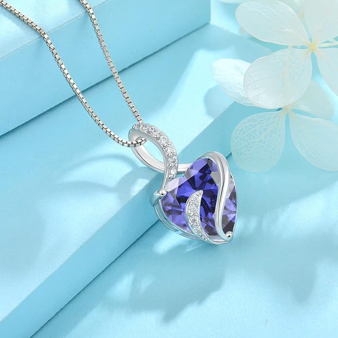 FJ Infinity Birthstone Necklace 925 Sterling Silver Love Heart Pendant Jewelry Gifts for Women