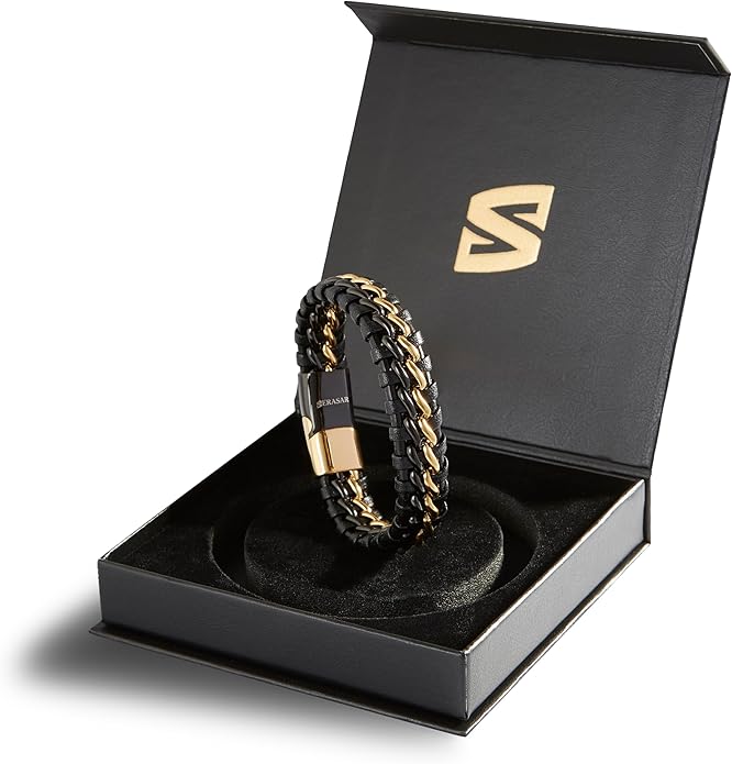 SERASAR | Premium Genuine Leather Bracelet [Steel] for Men in Black | Magnetic Stainless Steel Clasp in Black, Silver and Gold | Exclusive Jewellery Box | Great Gift Idea