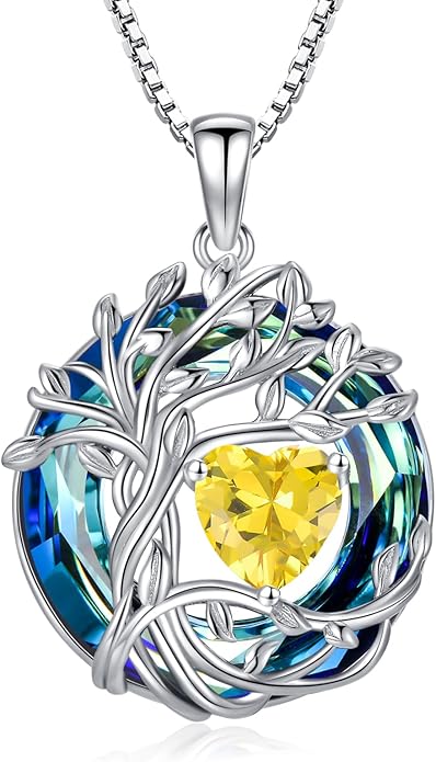 TOUPOP Christmas Gifts Tree of Life Birthstone Necklace 925 Sterling Silver Pendant Austrian Crystal Jewelry Anniversary Birthday Gifts for Women Mom Her Wife