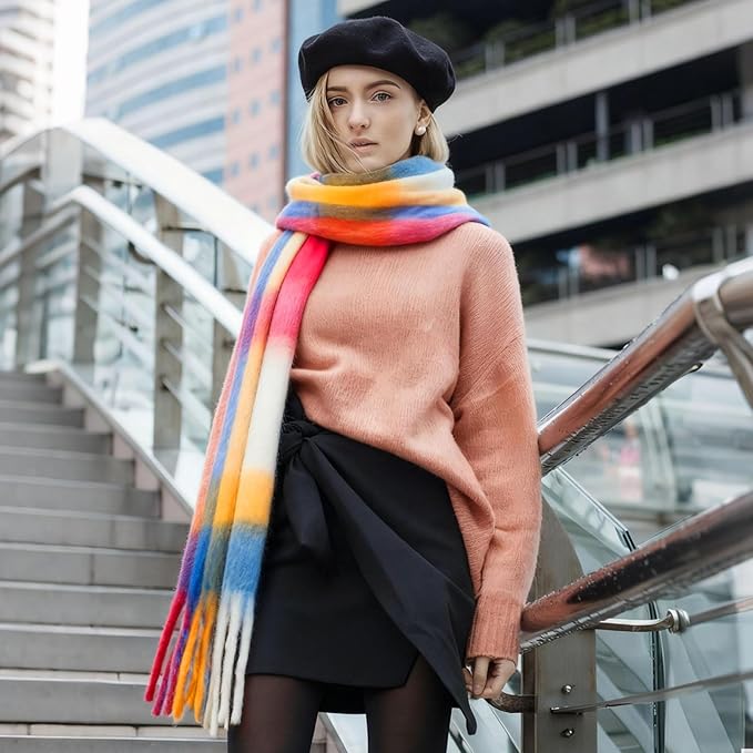 SHOHOKU Large Chunky Plaid Scarf Coloured Checked Oversized Scarf Tassel Soft Fall Winter Thick Warm Shawl Women