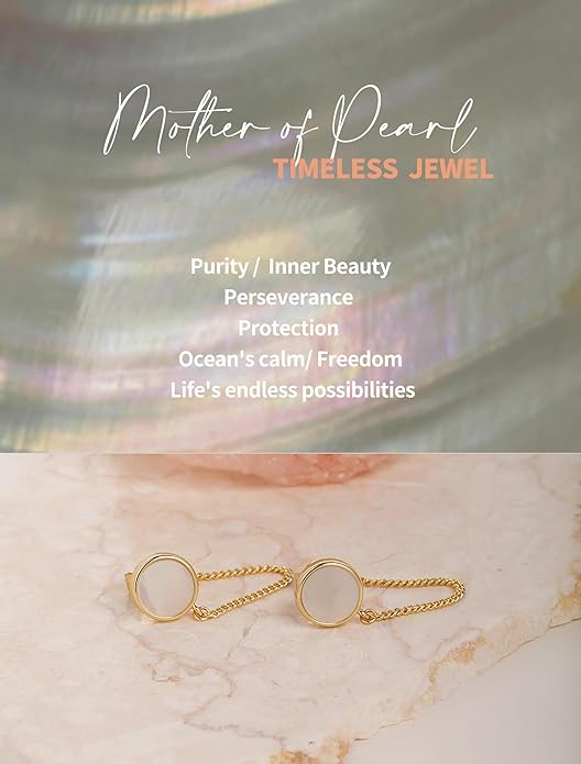 S.Leaf Gold Stud Earrings for Women 925 Sterling Silver Hypoallergenic Mother of Pearl Shell Stud Chain Earrings Friendship Jewelry Gifts for Women Her