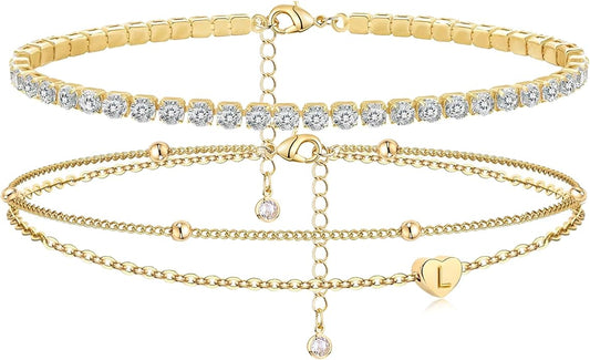 Initial Ankle Bracelets for Women, Dainty Gold Layered Heart CZ Bead Anklets, 14K Gold Plated Waterproof Summer Beach Jewelry Set