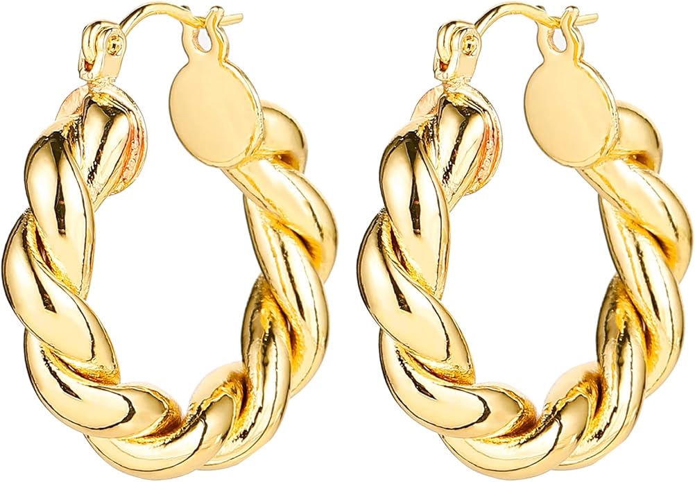14K Gold Plated Hoop Earrings for Women, Hypoallergenic Chunky Gold Plating Hoop Earrings Multipack, Lightweight Twisted Huggie Hoops Earring Set Jewelry for Gifts