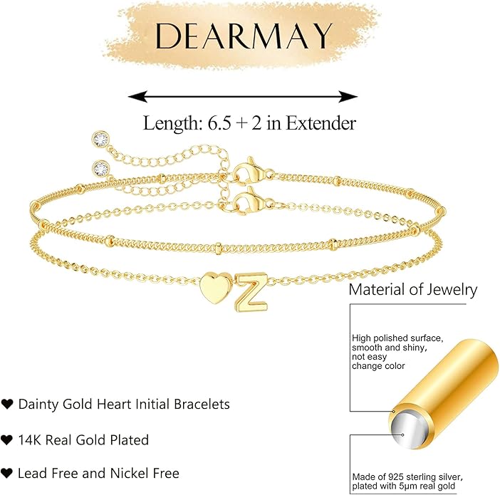 DEARMAY Dainty Initial Heart 14K Gold Plated Bracelets for Women Trendy, Letter Charm Bracelet Jewelry Cute Simple Fashion Chain Gift
