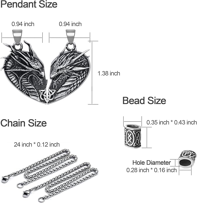 ZiWuark Matching Dragon Necklace Couples Viking Heart Necklace Jewelry for Men Women with Rune Beads