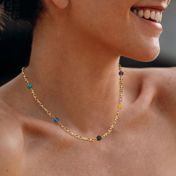 MTMY Beaded Necklaces for Women 14K Gold Plated Dainty Colorful Green/Rose Beaded Pearl Choker Necklace Delicate Boho Choker Necklace Jewelry Gift