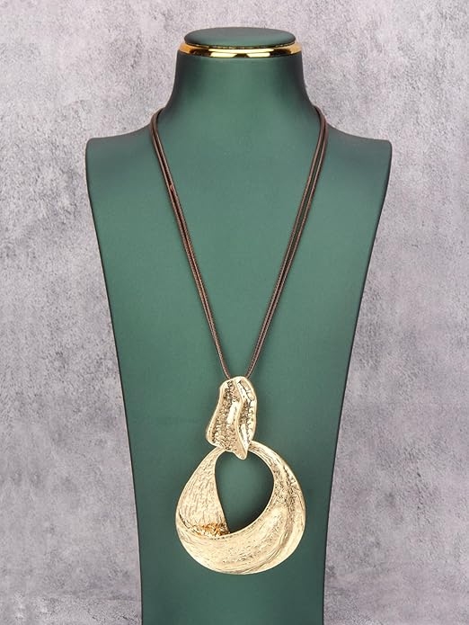 Long Boho Necklaces for Women Vintage Leather Wooden Pendant Y Choker Ethnic Style Gold Circle Hippie Sweater Necklace