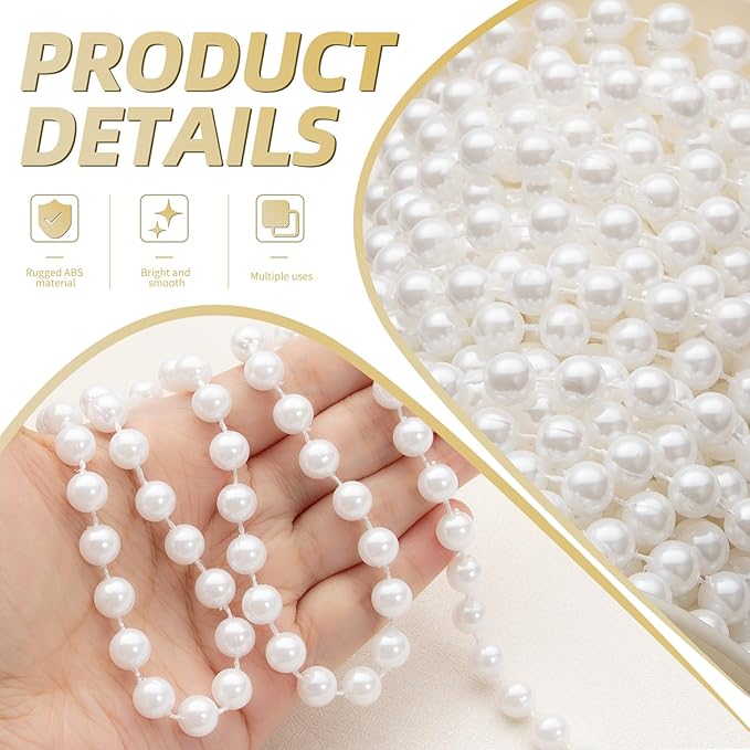 ZPEXRV 48 Feet Faux Pearl Beads Garland 8mm Craft String Pearls for Wedding Centerpiece Christmas Tree and Flowers Decoration DIY (White)