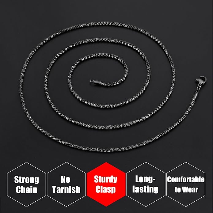 Fiusem Wheat Chains for Men and Women, 2/2.5/3/4/5mm Silver Tone/14K Gold Plated/Black Necklace Chain, Stainless Steel Mens Necklace 16-28 Inch
