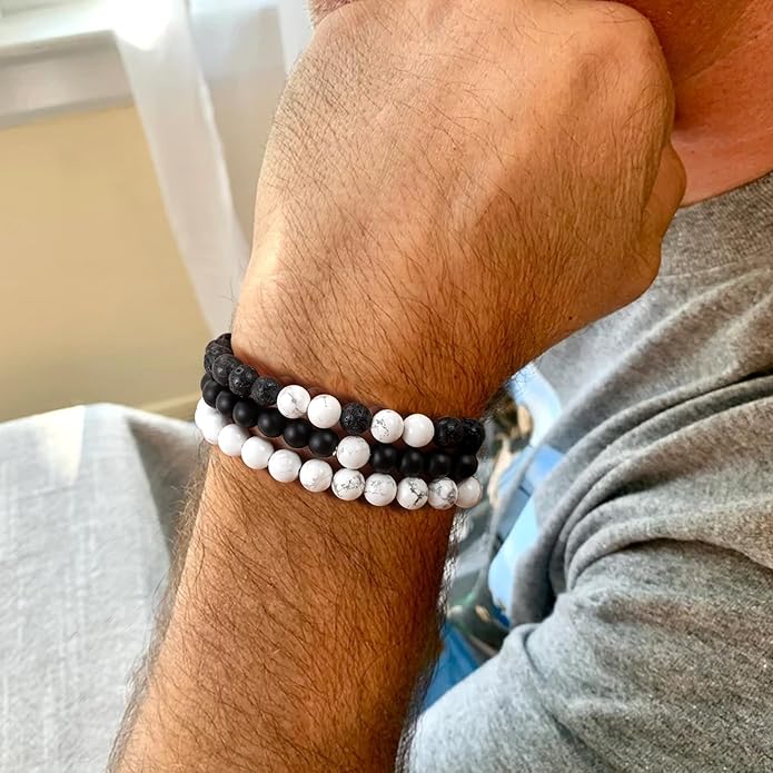 RANKEEF Mens Bead Bracelet Set - Adjustable Elastic Rope With 6&8MM Natural Stone Multi-Colored Beads - Tiger Eye Bracelets for Men - Gift
