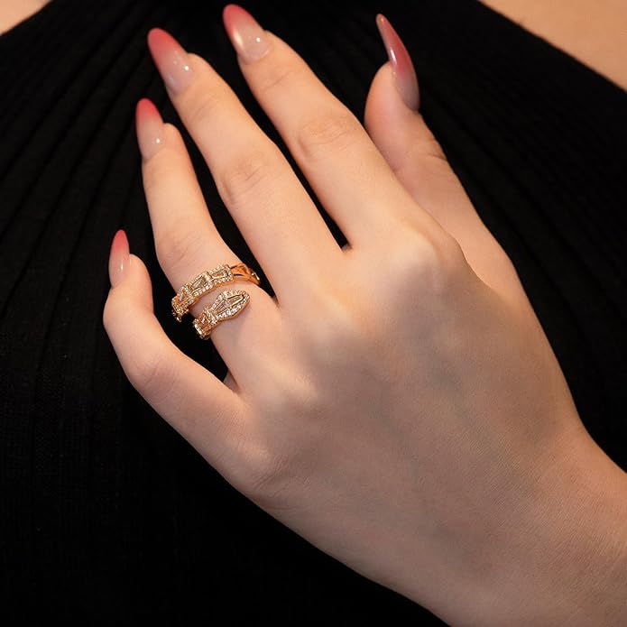Aura & lrena Adjustable Snake Rings for Wome, 18K Gold or Platinum Plating Open-Ended Ring with AAA Cubic Zirconia Fashion Jewelry, Statement Gift Design Rings for Men and Women Non Tarnish