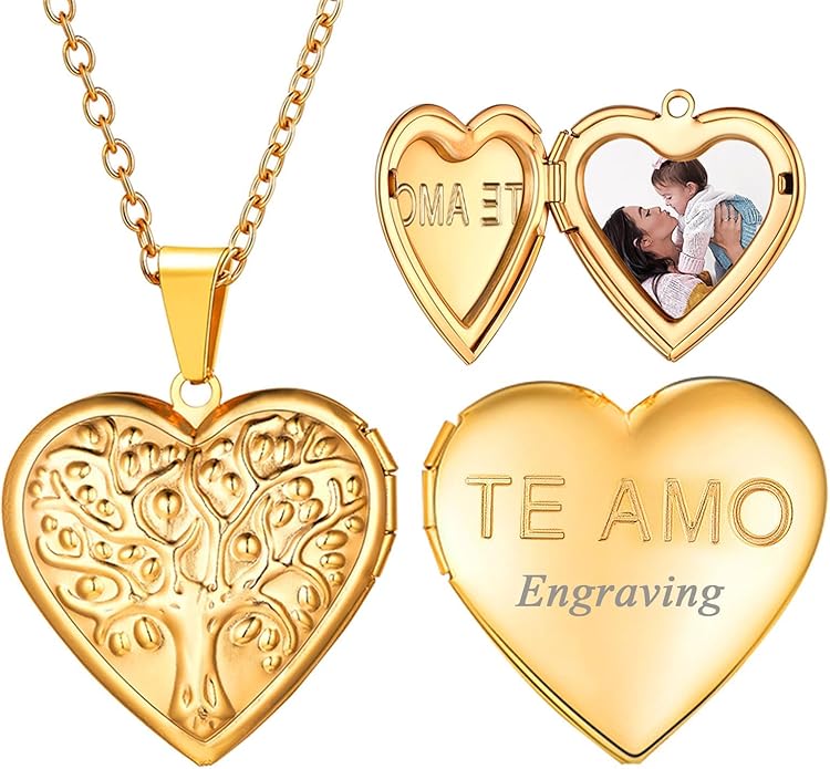 U7 Women Locket Necklace Platinum 14K Gold Photo Lockets that Hold Picture,Chain 20 Inch Personalized Gift Custom Love Heart Image Necklaces