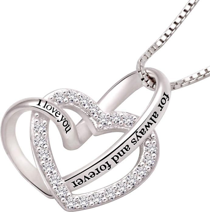 ALOV Jewelry Sterling Silver "I love you for always and forever" Love Heart Cubic Zirconia Necklace