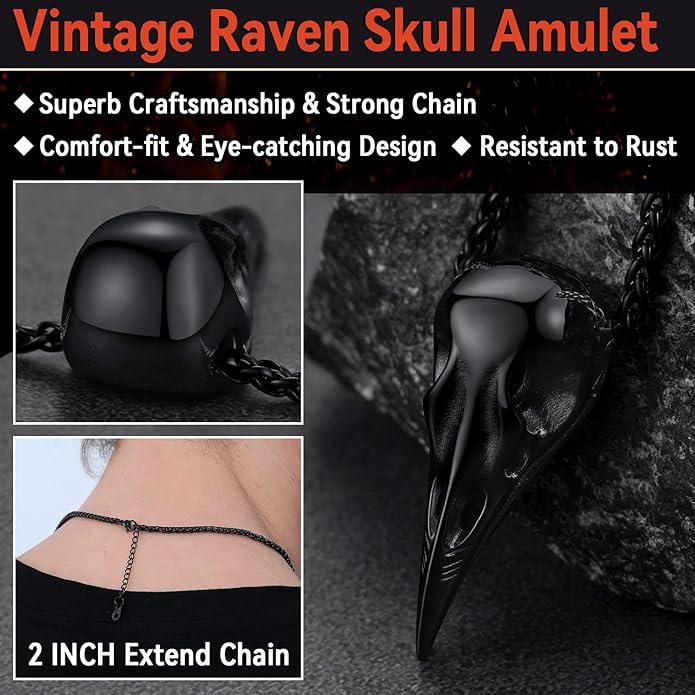 FaithHeart Viking Raven Necklace for Men, Norse Mythology Raven Skull Pendant Sturdy Stainless Steel Amulet Jewelry Gift for Men