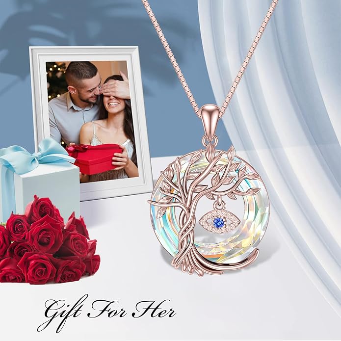 TOUPOP Evil Eye Necklace 925 Sterling Silver Tree of Life Circle Crystal Pendant Necklace Protection Jewelry Amulet Christmas Gifts for Women Her